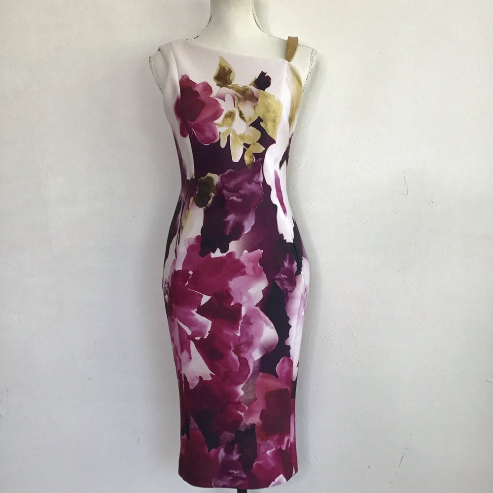 DONNAKARAN NEWYORK Women Elegant StOne Shoulder Dress Size 2 White Purple Floral